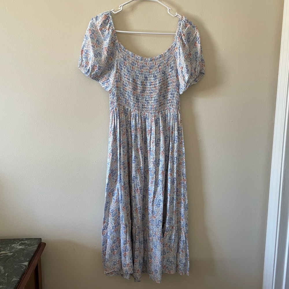 COPY - Light blue, floral, midi dress, puff sleeves, ruffles